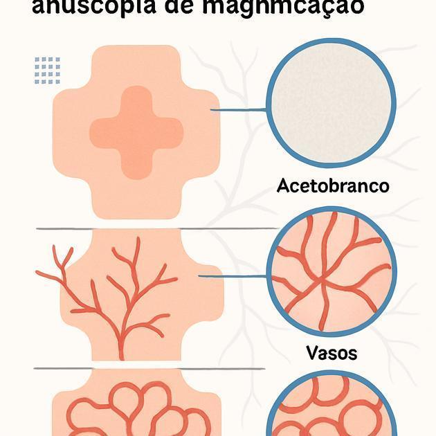 O que dá para ver na anuscopia de magnificação (acetobranco, vasos, padrões);